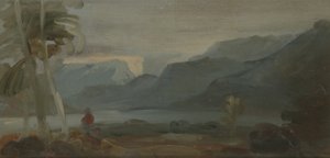 Bergslandskap med figurer och boskap, tidigare tillskrivet J.M.W. Turner (1775-1851) och även tillskriven Peter de Wint (1784-1849), 1806-07 (olja på papper) av English School