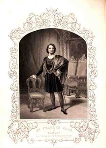 Charles Kean som Hamlet, akt III scen 2, i William Shakespeares (1564-1616) pjäs från en daguerreotypi av Paine of Islington (gravyr). av English School