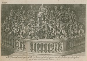 Mr David Garrick reciterar Ode, till William Shakespeares ära vid jubileet i Stratford av English School