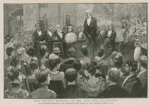 Mr. Gladstone erhält das Gedenkalbum im National Liberal Club von English School