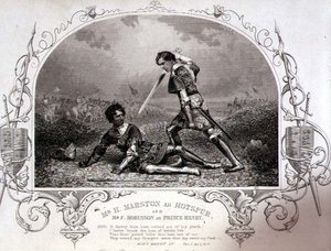 Mr. H. Marston als Hotspur und Mr. F. Robinson als Prinz Heinrich, Akt V Szene 4 aus Henry IV (Teil I) von einem Daguerreotyp von Paine aus Islington, veröffentlicht von John Tallis & Co. (Litho) von English School