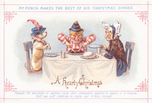 Mr Punch sitter ner till julmiddag, julkort av English School