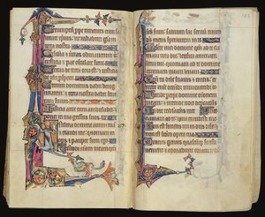 Ms 1-2005, ff.122v-123r: Grotesk marginaldekoration från Macclesfield Psalter, Use of Sarum, East Anglia, c.1330 av English School