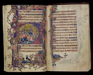 Ms 1-2005, ff.161v-162r: Fadern och Sonen, historisk initial D från Macclesfield Psalter, Use of Sarum, East Anglia, ca 1330 av English School