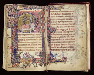 Ms 1-2005, ff.235v-236r: Death Striking, historisk initial från Macclesfield Psalter, Use of Sarum, East Anglia, ca 1330 av English School