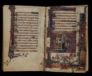 Ms 1-2005, ff.57v-58r: Saul skickar Doeg för att döda prästerna i Nob, historisk initial från Macclesfield Psalter, Use of Sarum, East Anglia, ca 1330 (vellum) av English School