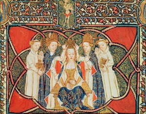 Ms 197 f.19v Kröning av en drottning, från Liber Regalis av English School
