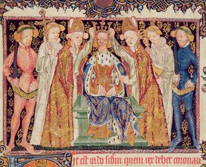 Ms 197 f.3r Kröning av en kung, från Liber Regalis av English School