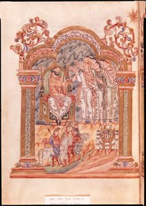 Ms 274 (Y-6) fol.36v Magi på besök hos kung Herodes, från Robert av Jumieges missal, ca 1016 av English School