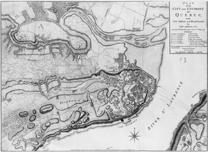 Ms A 224 f.8 Karta över staden och omgivningarna i Quebec med dess belägring och blockad av amerikanerna, illustration från 