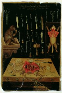 Ms Hunter 364 Tabell I Dissektionsinstrument, från Anatomical Tables, av John Banister (1540-1610) (olja på brunt papper) av English School