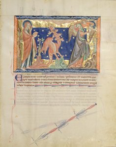 Ms L.A. 139-Lisboa fol.31 St. John tittar på en ängel som hjälper kvinnan att fly från den röda draken, från Gulbenkian Apocalypse, ca 1265-70 av English School