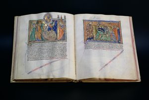 Ms L.A. 139-Lisboa fol.37 v-38 Vilddjuret som hädar Guds namn, och folket som tillber det tredje och andra vilddjuret, från Gulbenkian Apocalypse, ca 1265-70 av English School