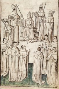 Ms. New Coll 288, f4r. (Chaundler-manuskript), Life of William of Wykeham av Thomas Chaundler (penna och bläck & tempera på veläng) av English School