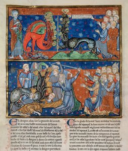 Ms R.16.2 f.14b Dödandet av det sjuhövdade odjuret, från Trinity Apocalypse, anglo-normandisk, ca 1250 (pergament) av English School