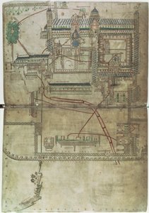 Ms R 171 f.285 Plan av Canterbury Cathedral och VVS-systemet, från 