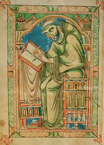 Ms R 17 I f.283v Munken Eadwine arbetar med manuskriptet, Eadwine Psalter, c.1150 (vellum) av English School