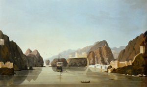 Muscat från hamnen med en brittisk fregatt för ankar, från Sixteen Views of Places in the Persian Gulf, av löjtnant R. Temple, publicerad 1813 (akvatint)