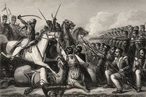 Mutineers kavalleri attackerar ett infanteritorg vid slaget vid Cawnpore 1857, från "The History of the Indian Mutiny", publicerad 1858. av English School