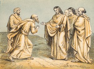 Natanael fördes till Jesus (färgad gravyr) av English School