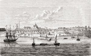 New Amsterdam, en nederländsk bosättning från 1600-talet på södra spetsen av Manhattan Island, Amerika, från Ward and Lock