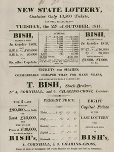 New State Lottery, drivs av T. Bish, aktiemäklare, 4 Cornhill och 9 Charing Cross, London av English School
