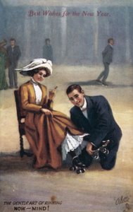 Nyårskort med rullskridskoåkare (färg litho) av English School