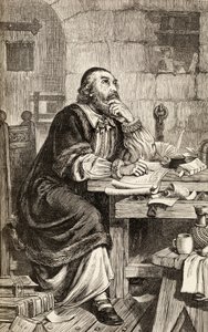Nicholas Ridley skrev brev i fängelset i väntan på sin avrättning, ca 1865 (trästick) av English School