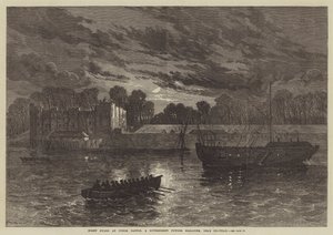 Nattvakt vid Upnor Castle, ett regeringspulvermagasin, nära Chatham (gravyr) av English School