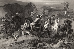 Nattsortering och attack mot bagagevagnar, från "The History of the Indian Mytery" publicerad 1858 av English School