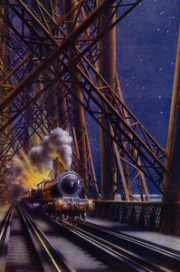 Nattåg som korsar Forth Bridge, Skottland (färg litho) av English School