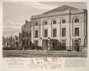 North East View of Surrey Theatre, tidigare The Royal Circus nära obelisken, Great Surrey Street, 1814 av English School
