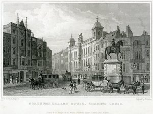 Northumberland House, Charing Cross. Bishs Lottery Office, No 9 Charing Cross, ligger granne med Golden Cross Hotel av English School