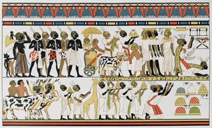 Nubiska hövdingar som ger gåvor till kungen av Egypten, kopia av en fornegyptisk väggmålning från en grav i Thebe, ca 1380 f.Kr., från The History of Mankind, Vol.III, av Prof. Friedrich Ratzel, 1898 av English School