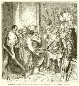 Odoaker tvingar Romulus Augustulus att avsäga sig den kejserliga värdigheten av English School
