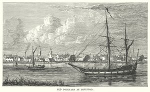 Gamla skeppsvarvet vid Deptford (gravyr) av English School