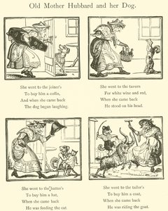 Gamla mamma Hubbard och hennes hund (träsnitt) av English School