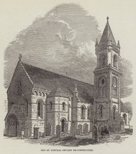 Gamla St Pancras-kyrkan återuppbyggd (gravyr) av English School