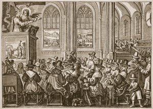 Oliver Cromwell predikar för en puritansk församling, illustration från The Church of England: A History for the People av H.D.M. Spence-Jones, pub. ca 1910 (sepiafoto) av English School