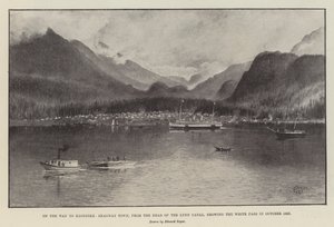 På väg till Klondike, Skagway Town, från Head of the Lynn Canal, som visar White Pass i oktober 1897 (litho) av English School