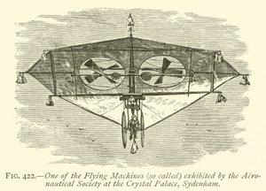 En av de flygande maskinerna (så kallade) som ställs ut av Aeronautical Society på Crystal Palace, Sydenham (gravyr) av English School