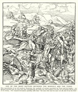 En av de många striderna mellan mongolerna och turkarna (litho) av English School