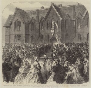 Invigning av Albert Infirmary och avtäckning av statyn av den avlidne prinsgemalen, på Bishops Waltham, i närvaro av prins Arthur och prinsessorna Helena och Louisa (gravyr) av English School
