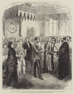 Invigning av den skotska kyrkans generalförsamling, jarlen av Aberdeen, som Lord High Commissioner, tar emot nycklarna till Edinburghs stad vid Holyrood Palace (gravyr) av English School