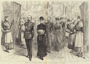 Invigning av den internationella fiskeutställningen, den kungliga processionen i byggnaden (gravyr) av English School
