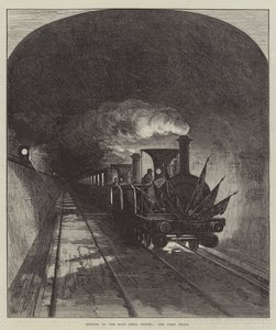 Öppning av Mont Cenis-tunneln, det första tåget (gravyr) av English School