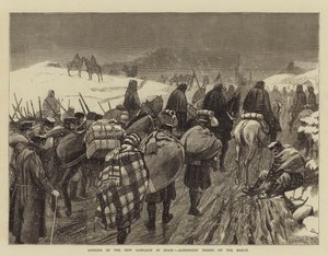 Öppnande av den nya kampanjen i Spanien, alfonsisttrupper på mars (gravyr) av English School