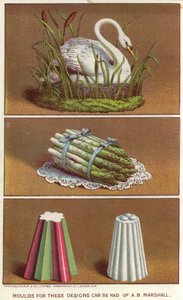 Prydnadsformar för att skapa ismat i form av en svan och ett knippe sparris (chromolitho) av English School