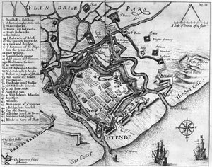 Ostende, från "Commentaries, Being Diverse pieces of service, wherein he had command" av Francis Vere (1560-1609), pub. av William Dillingham, 1657 (gravyr) av English School