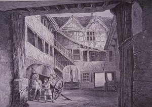 Ostler besöker häst på gården till New Inn, Gloucester (trägravyr) av English School